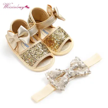 

2Pcs=1Set Sequins Bow Hairband + Soft Sole PU First Walkers Ribbon Ballet Princess Baby Shoes For 0-18M