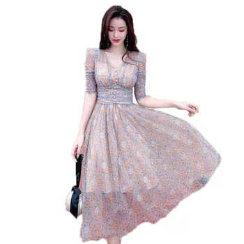 

HT6117 Chiffon Floral Printed Elegant Women Party Dresses Beach Holiday Pleat Dress Sexy V Neck Cocktail Dresses Tea Length