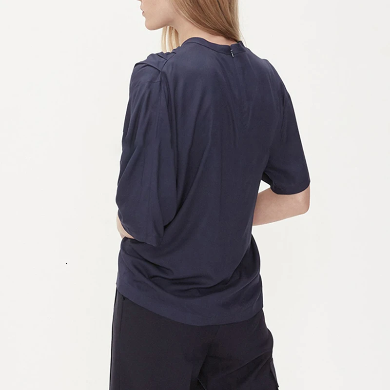 GALCAUR летняя Однотонная рубашка для женщин, стоячий воротник, асимметричный рукав, с рюшами, Повседневная Блузка, женская модная одежда, новинка