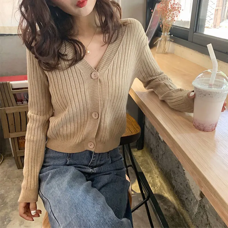 Осенний вязаный ребристый женский кардиган с v-образным вырезом однотонный