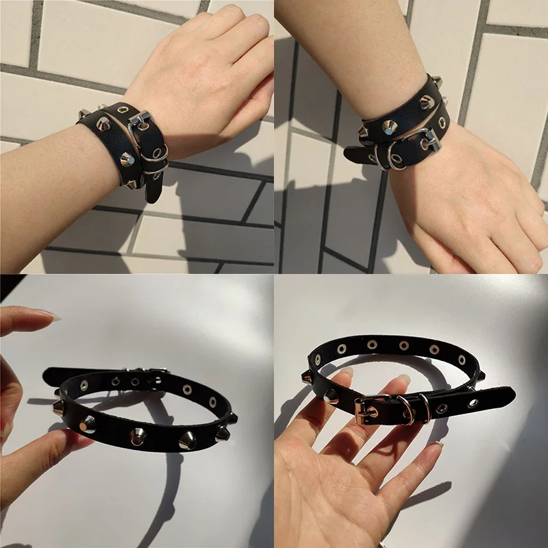 Hot Punk Harajuku Collar Rivets Choker Necklace PU Leather Bracelet Goth Handmade Neck Jewelry wristband