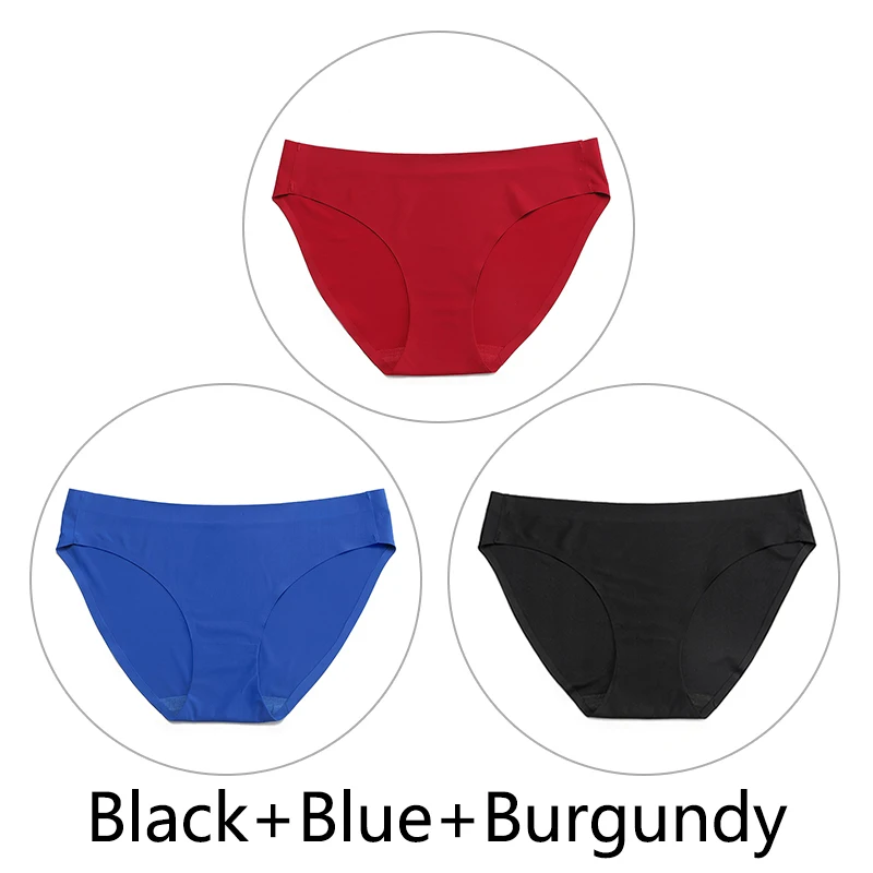 Black-Blue-Burgundy 3 шт./партия, цельные бесшовные трусики, женское шелковое нижнее белье, сексуальные трусы с полной спинкой, нижнее белье с низкой посадкой, женское мягкое эластичное, американский размер - Цвет: Black-Blue-Burgundy