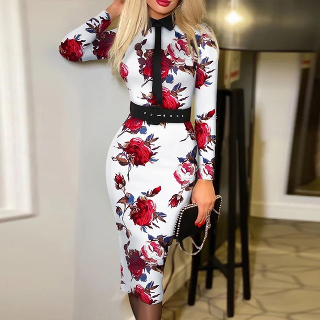 Elegant Floral Printed Autumn Party Dress Fashion Turn-down Collar Bow Midi Dress Casual Long Sleeve Slim Bodycon Dress Vestidos 3