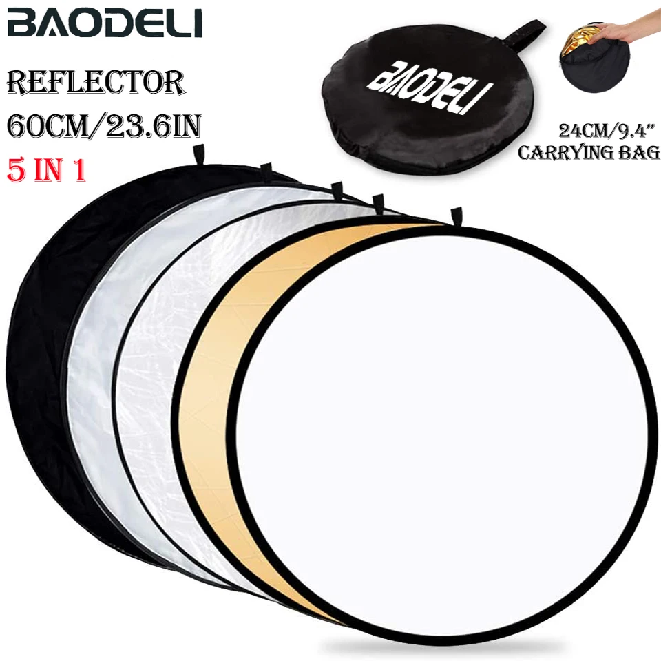 Reflector redondo para fotografía, difusor de luz portátil plegable 5 en 1, 24 pulgadas, 60cm, multicolor, negro plateado