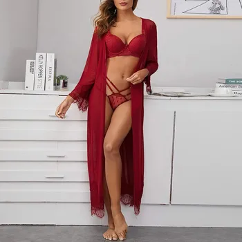 

MIARHB Lace Mesh Sleep Robe on for Women Gown Lingerie Beach Smock Pyjamas Bathrobe szlafrok damski Summer Nightdress Robes