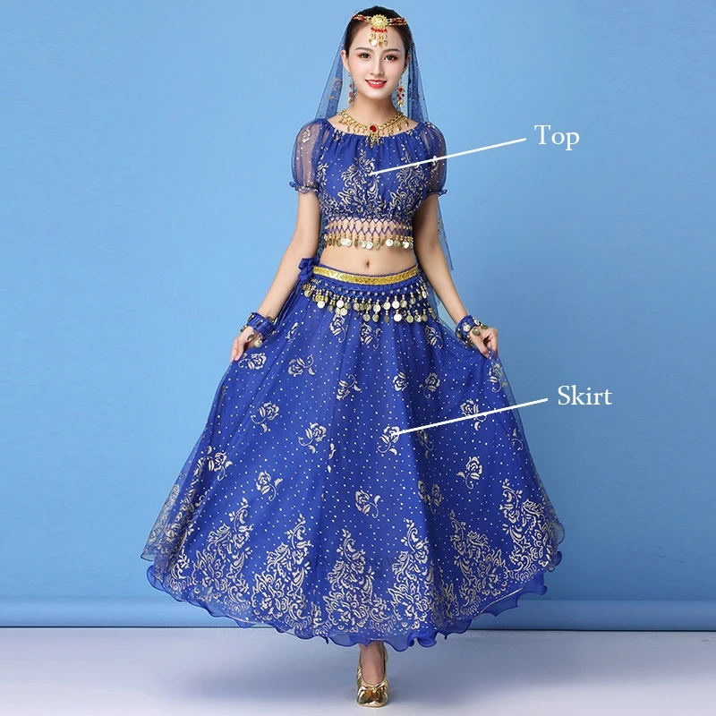 2pcs-blue Болливуд платье костюм Женский индийский танец набор Танец живота Сари одежда танец живота представление одежда шифон танец набор - Цвет: 2pcs-blue