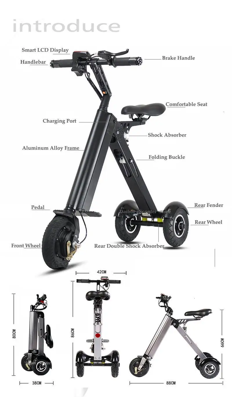 Daibot Folding Three Wheels Electric Scooter Electric Scooters 8`` 250W 36V Portable Electric Bikes Adults With Double Absorber  (20)