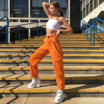 

Women Pockets Patchwork Cargo Pants High Waist Streetwear Ankle Length Trousers Women 2020 Straight Pants