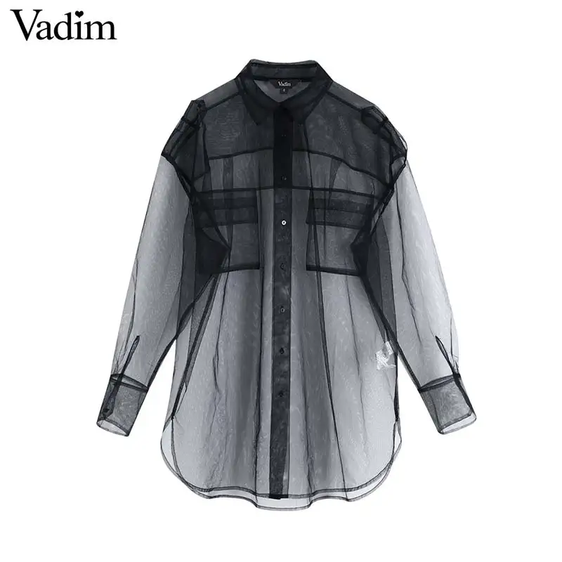 Vadim, Женская шикарная негабаритная прозрачная Длинная блузка, Повседневная рубашка с длинным рукавом, женские стильные сетчатые однотонные топы, блузы LB656