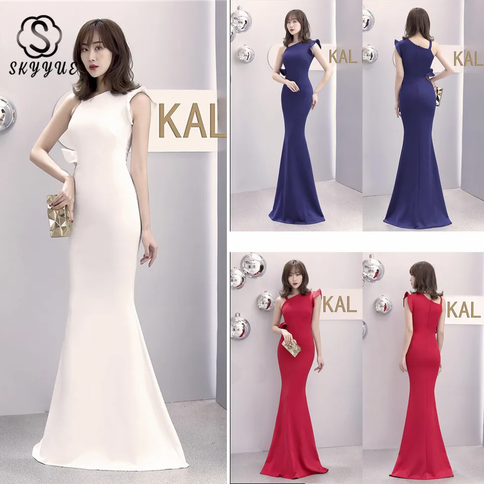 

Skyyue Evening Dress Elegant Zipper Women Party Dresses Soild One Shoulder Robe De Soiree Sleeveless Formal Gowns 2019 C085-DS2