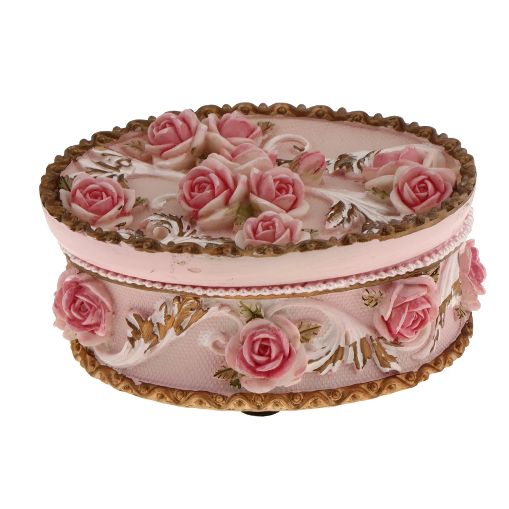 Country Style Rose Flowers Oval Shape Resin Wedding Jewelry Bride Bridesmaid Keepsake Box Storage Container Case