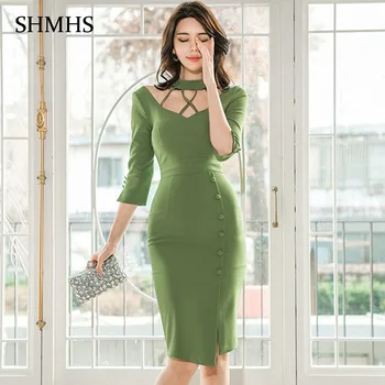

Hollow Out Small Sexy Office Dress 2020 Spring Solid Color High Waist Tight 3/4 Sleeve Decorative Buttons Women's Party Dresses