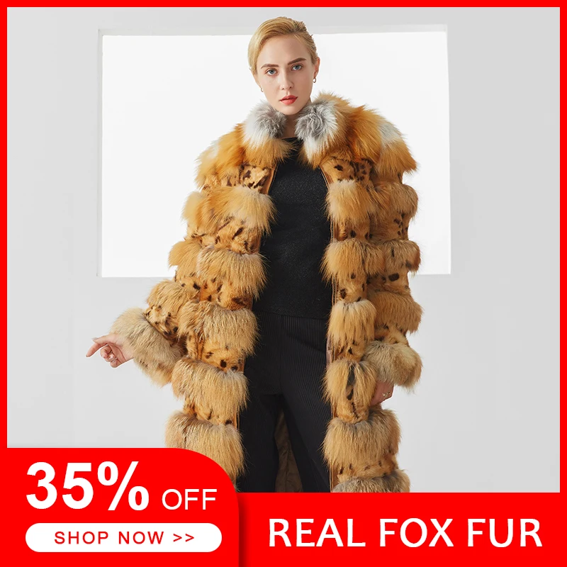 

Winter Coat Women Luxury Gorgeous Warm Spotted Mixed Color Long Section Thick Real Fox Fur Coat Female Plus Size