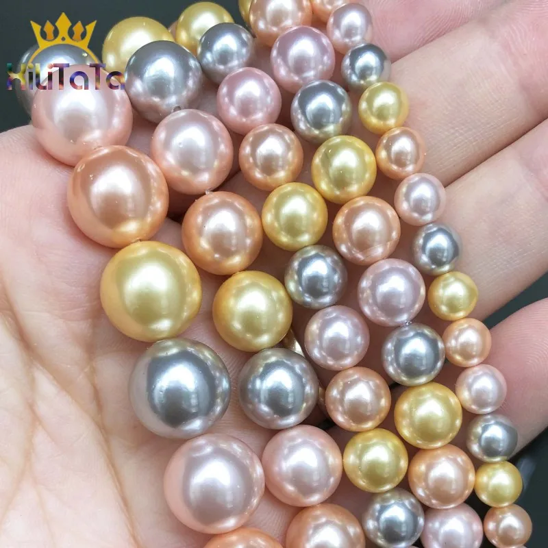 6 8 10 12mm Orange Yellow Grey Shell Pearl Beads Round Loose Spacer For DIY Jewelry Making Bracelet Charm Accessories 15'' |