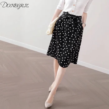 

2020 New Women Chiffon Polka Dot Medium Mermaid Skirt Casual Spring Autumn Female High Waist Black White Skirts With belt