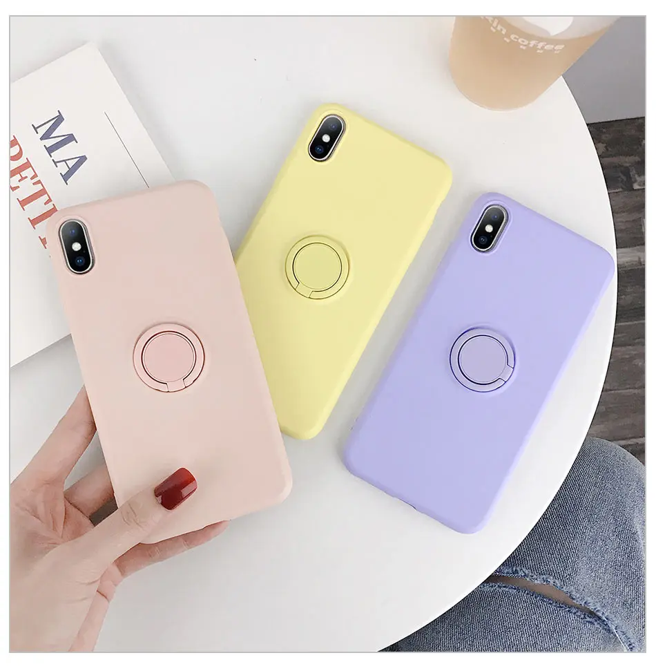 USLION силиконовый сплошной цвет с кольцом для пальцев чехол для iPhone X XS XR Xs Max 6 6S 7 8 Plus Мягкий ТПУ, конфетный цвет задняя крышка