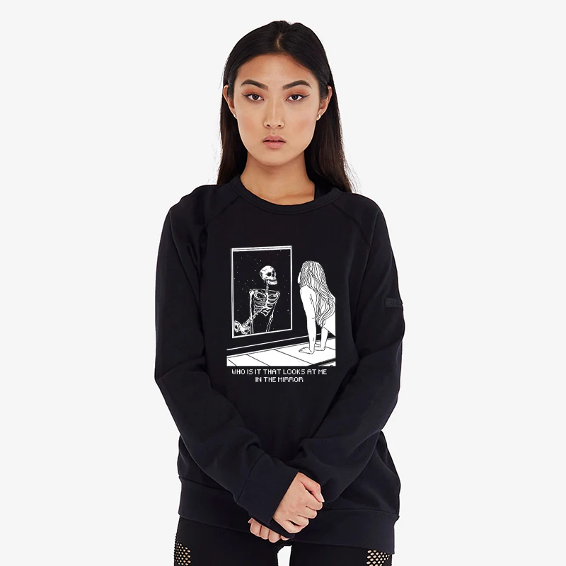 

Dreamchase-JF Who Is It That Looks at Me in the Mirror Skeleton Printed Sweatshirt Warm Winter Street Style Outfits