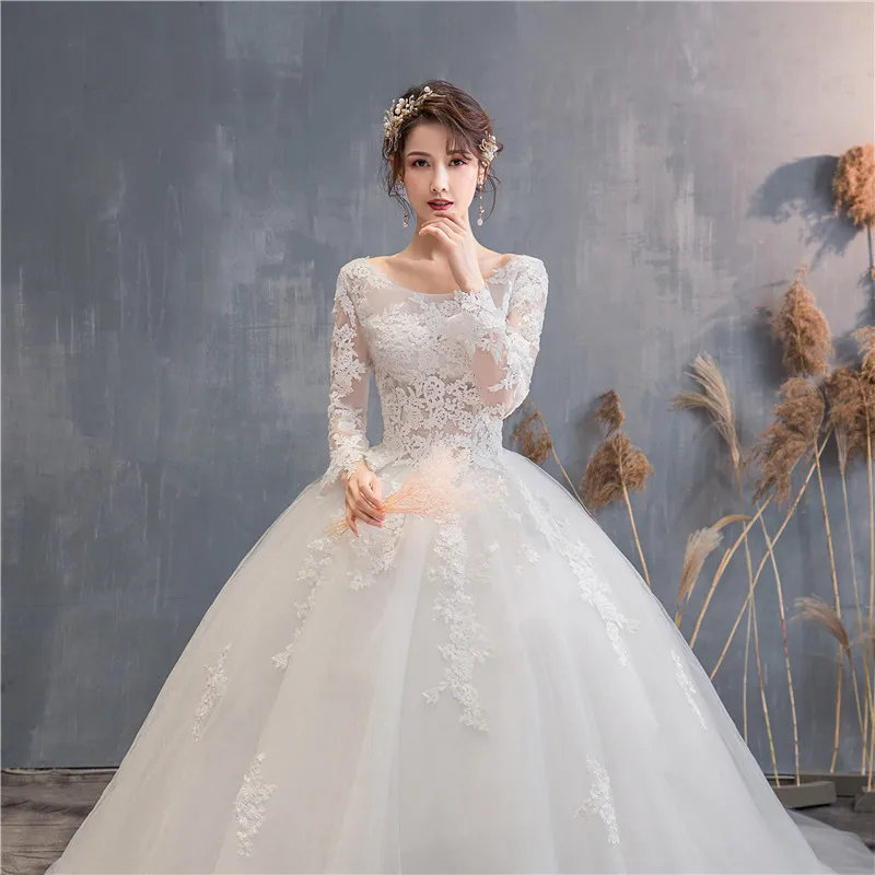 Элегантное простое кружевное свадебное платье со шлейфом 100 см, изящное свадебное платье с длинными рукавами и аппликацией, большие размеры, Vestido De Noiva, индивидуальное платье 30 - Цвет: Floor Length