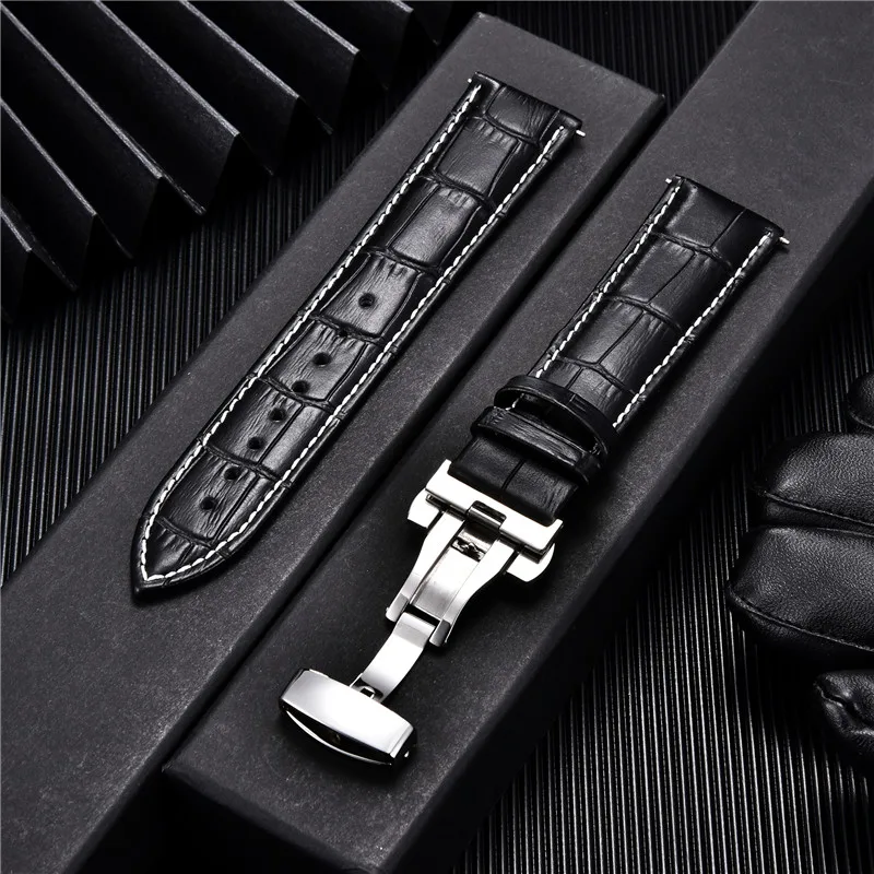 Premium Genuine Leather Watchband with Butterfly Buckle - Elegant Men's Strap Accessory