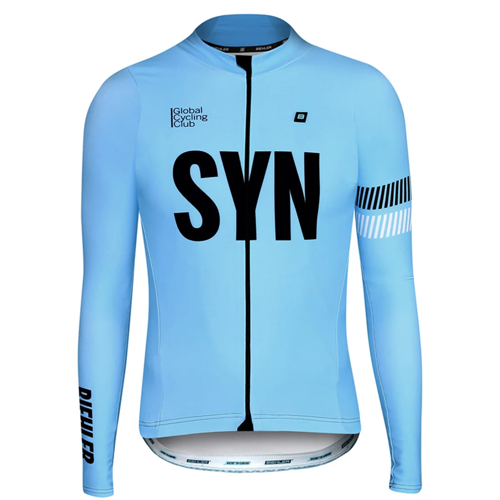 BIEHLER-camisetas de Ciclismo de carreras para hombre, ropa térmica de manga larga con tres bolsillos traseros, color azul y blanco, invierno/primavera, SYN Pro Team