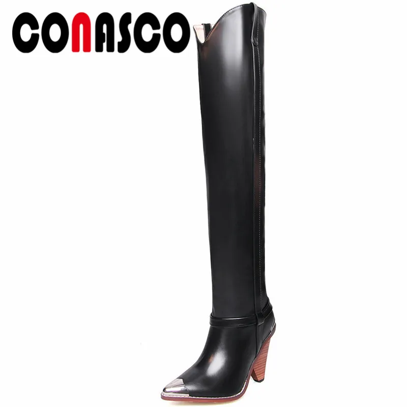 

CONASCO Women Over The Knee Boots Patry Shoes Autumn Winter Warm Synthetic Rivets Buckles Pointed Toe Wedges Heels Shoes Woman