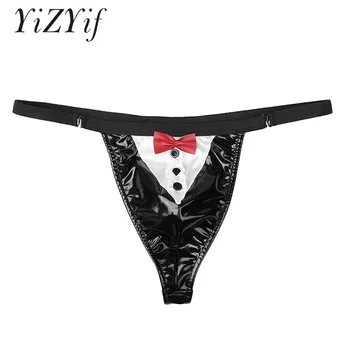 

Men Lingerie Tuxedo G-string thong Briefs Underwear Wetlook Patent Leather Elastic Low Rise Bulge Pouch T-back Halloween Costume