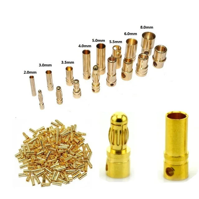 20pcs/lot 2.0mm 3.0mm 3.5mm 4.0mm 5.0mm 5.5mm 6.0mm 8.0mm Gold Bullet Banana Connector Plug For ESC Battery Motor ESC (10 pair) 1