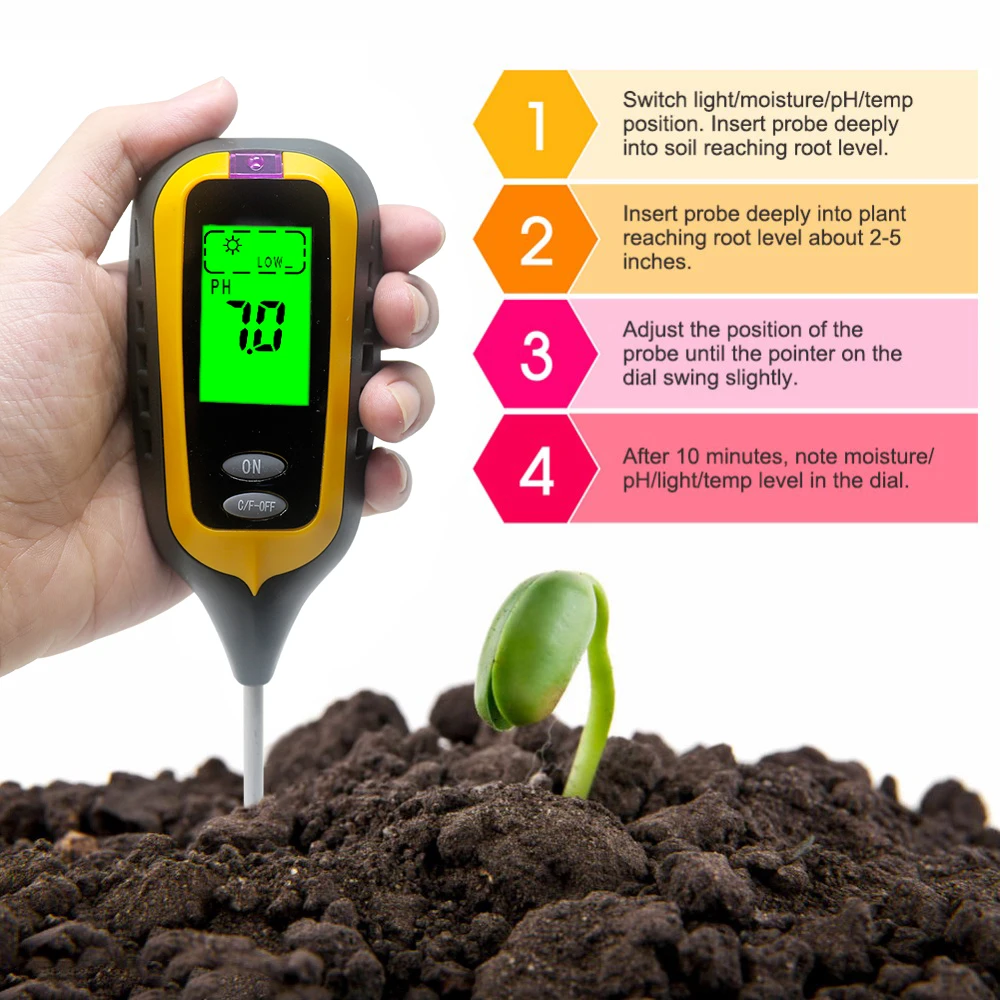 Анализатор почвы 4 в 1 почвы pH Измеритель влажности термометр гигрометр Солнечный свет монитор с зеленой подсветкой Функция автоматического отключения