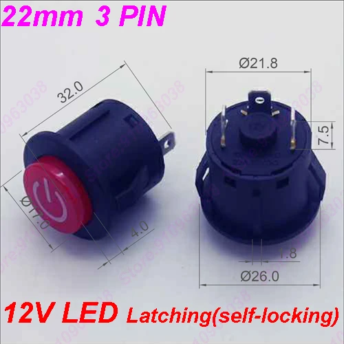 1PC 22MM Power 3PIN Latching/Self locking Glowing Red Plastic Push Button Switch With LED 12V Panel Indication illuminated light switch Wall Switches