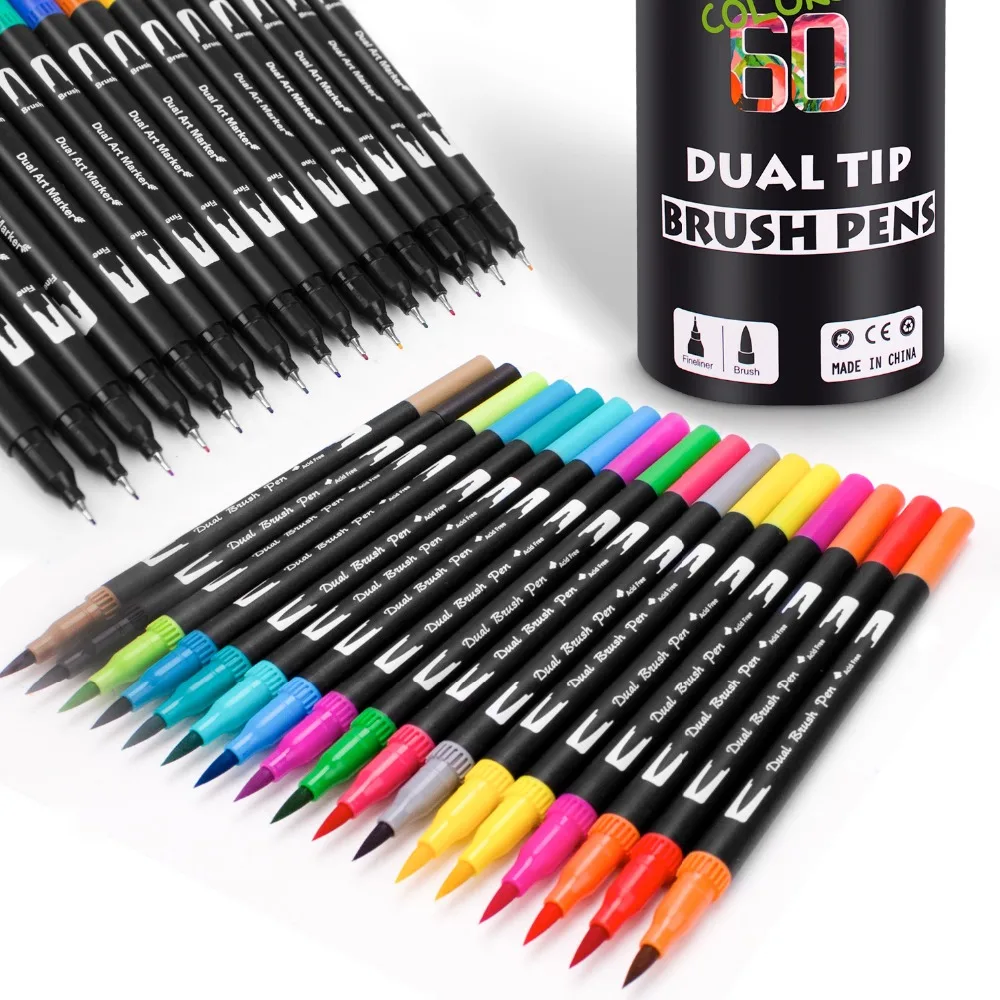 Ручки с двумя наконечниками, 60 уникальных цветов, ручка с надписью, маркеры, кисти, кончики для карандашей, идеально подходят для раскрашивания, рисование, Ручная надпись