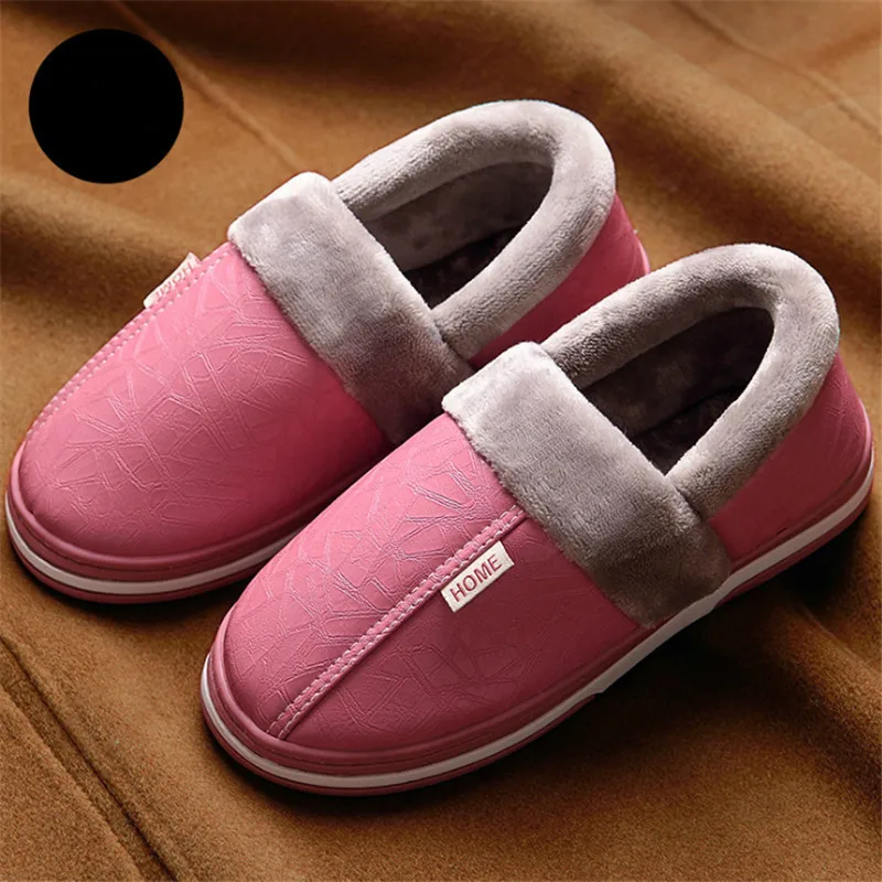 Мужская обувь; зимние тапочки; нескользящие домашние тапочки; домашняя обувь; водонепроницаемые мужские и женские тапочки из искусственной кожи; Zapatos De Hombre - Цвет: Розовый