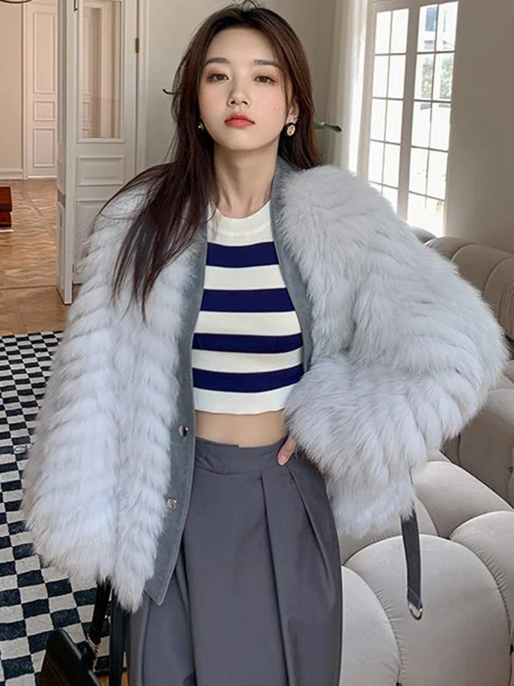 ECRURANI Lace Up Colorblock Fur Coat For Women V Neck Long Sleeve Gathered Waist Temperament Thick Coats Female New Winter 2021