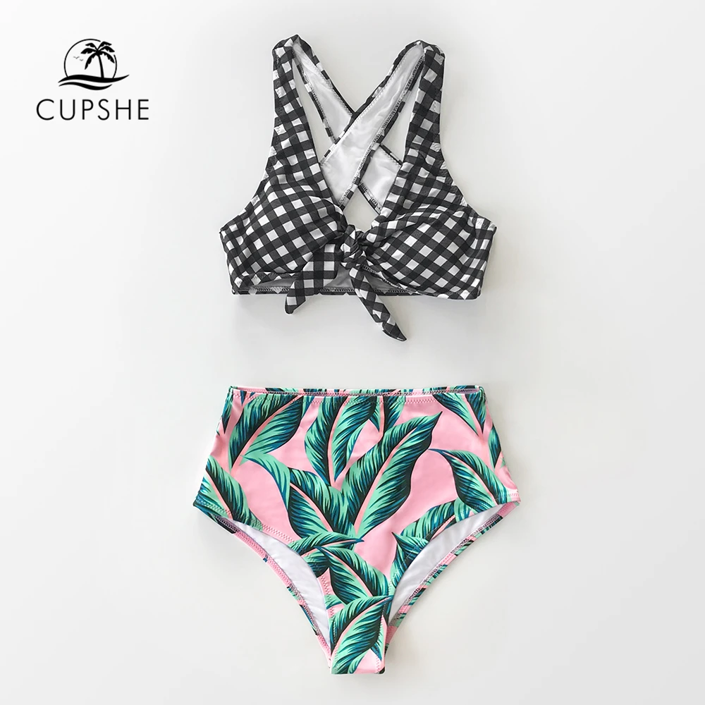 

CUPSHE Gingham and Palm Print High-Waisted Bikini Sets Sexy Bow-knot Swimsuit Two Pieces Swimwear Women 2019 Beach Bathing Suits
