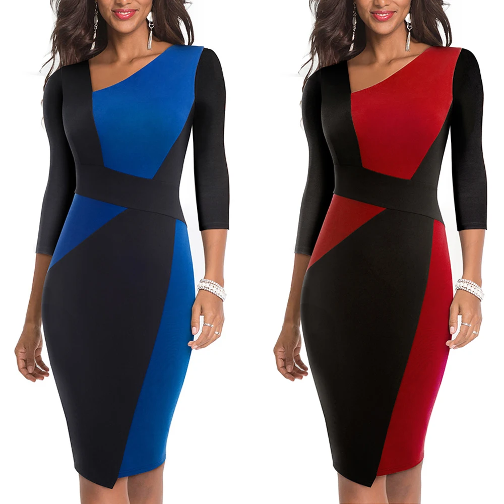 Goedkoop Vintage Vrouwen Patchwork Asymmetrische Kraag Jurk Elegante Casual Werk Office Schede Slanke Jurk EB517