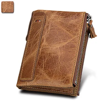 

Men first layer cowhide wallet credit card anti theft leather short men wallet double zipper vertical square coin purse