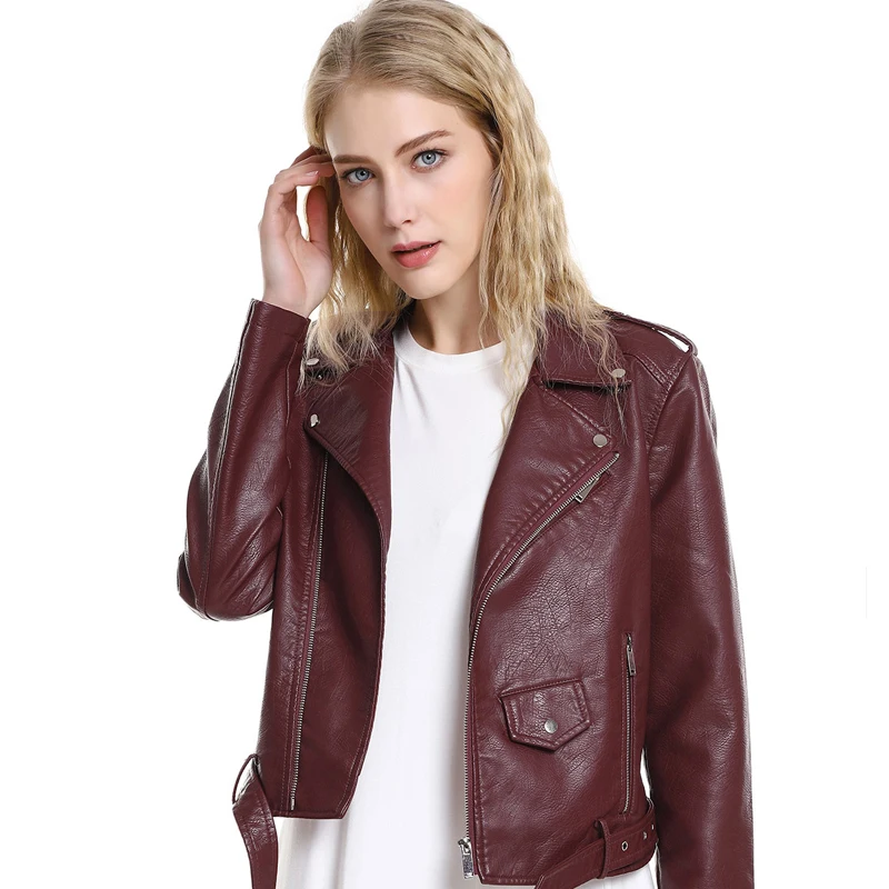 

New 2020 Autumn Women PU Leather Jacket Red Black Pink Motorcycle Basic Jackets Faux Leather Coat Zipper Belt Outwear