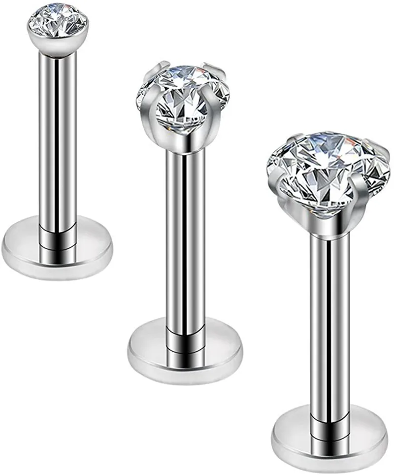 

3PCS 316L Surgical Steel Clear CZ Internally Threaded Labret Piercing Monroe Lip Piercing Tragus Helix Stud Earring Piercing16G