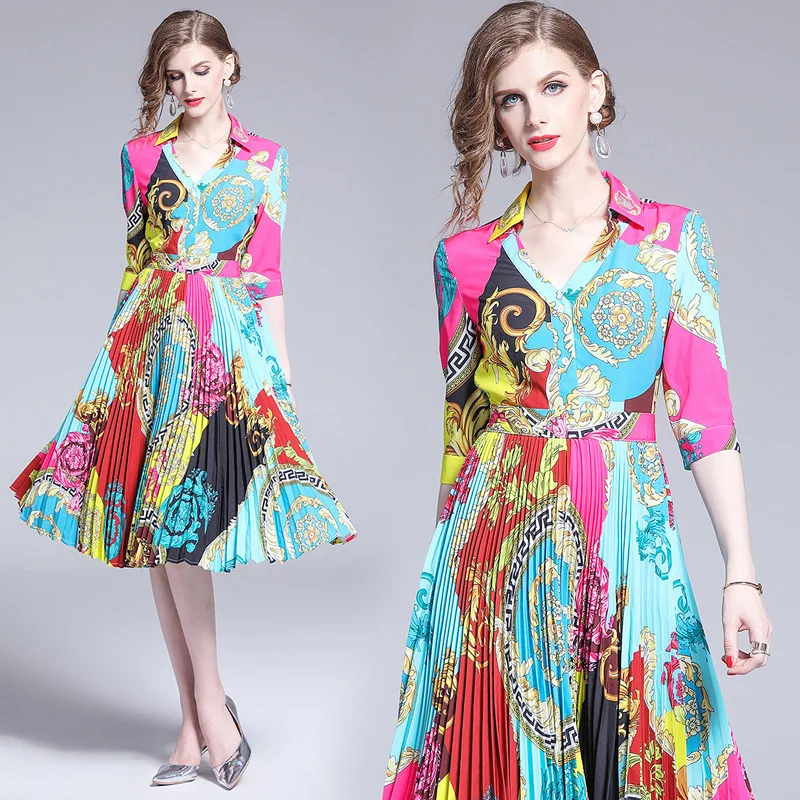 

2019 New Style Women's France Non-mainstream Vintage Printed Fold-down Collar V-neck Waist Hugging Pleated over-the-Knee Skirt D