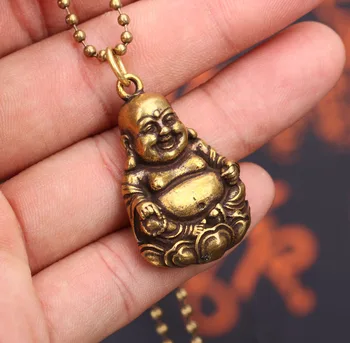 

Vintage Miniature Figurines Maitreya Buddha Pendant Big Belly Buddha Laughing Buddha Statue Copper handmade Keychain Home Decor