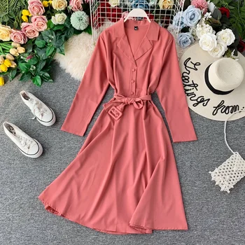 

Urban Women Casual Girdle Lapel V-neck Polyester Long-sleeved Swing Dress Office Ladies Slim Slender Waist Long Dress