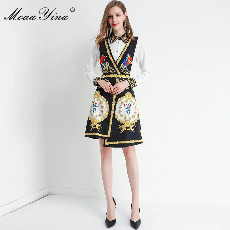 

MoaaYina Fashion Designer Set Spring Autumn Women Long sleeve Beading Shirt Tops+jumper skirt Two-piece set