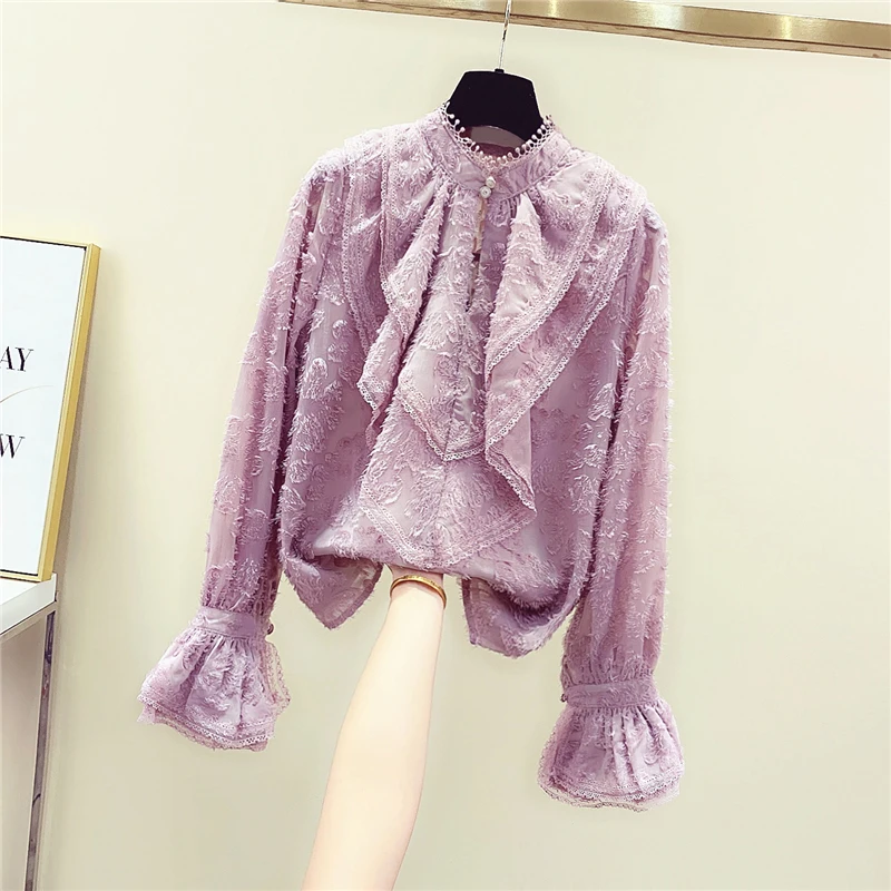 

Ruffle Flocking Stand-Collar Shirt Women's 2020 Spring New Bell-Sleeve Retro Chiffon Blouse Ladies All-match Tops Blusas Mujer