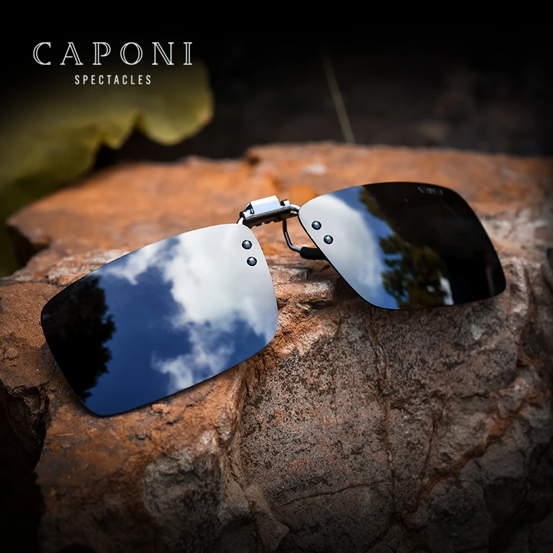 CAPONI Square Sunglasses Clip For Men Easy Flipped Up Glasses Clip Polarized Protect Eyes From Sun Light Driving Eyewear CP1101