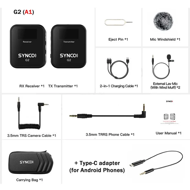 SYNCO G2 A1/A2 Condenser Microphone System Wireless Mic Lavalier for Smartphone DSLR Camera Realtime Monitoring 70M Transmission 