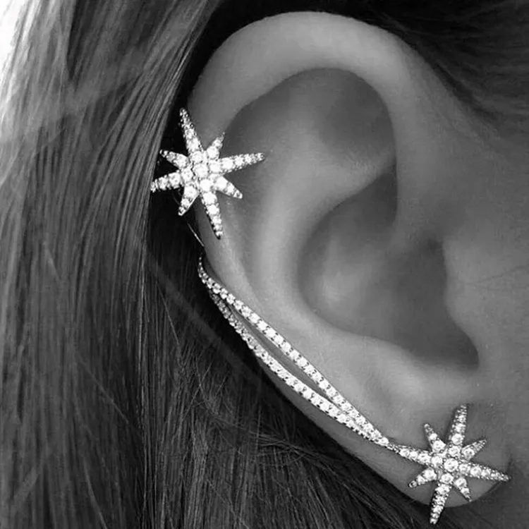 

New Autumn Cross Snowflake Star Shape Asymmetric Silver Earrings Fashion Party Earrings AAA Zircon Ear Clip for Women Jewelry