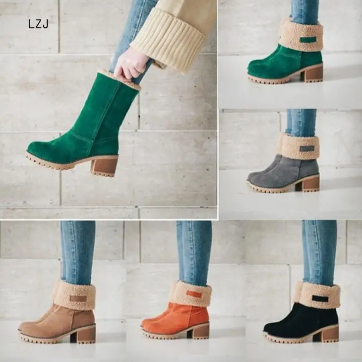

LZJ New Winter Women Snow Boots Square High Heels Ladies Chaussure Warm Fur Shoes Woman Zapatos Mujer Sapato Mid-calf Booties