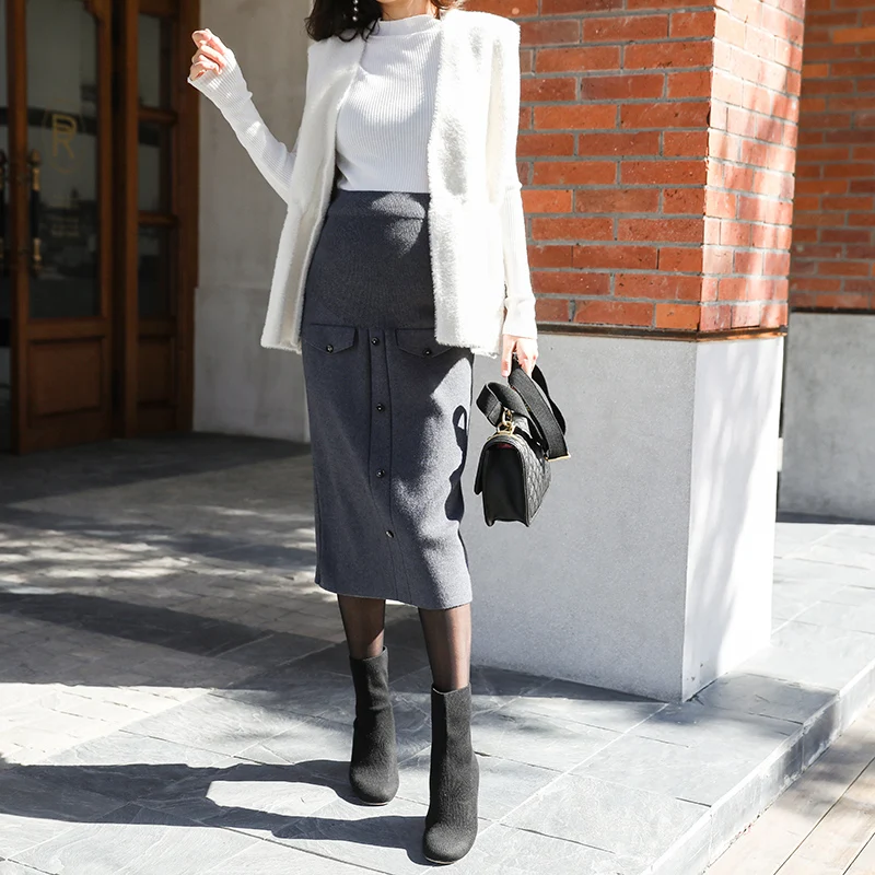 

8025# Autumn Winter Korean Fashion Knitted Maternity Pencil Skirts OL Work Pregnancy Belly Skirts Clothes for Pregnant Women
