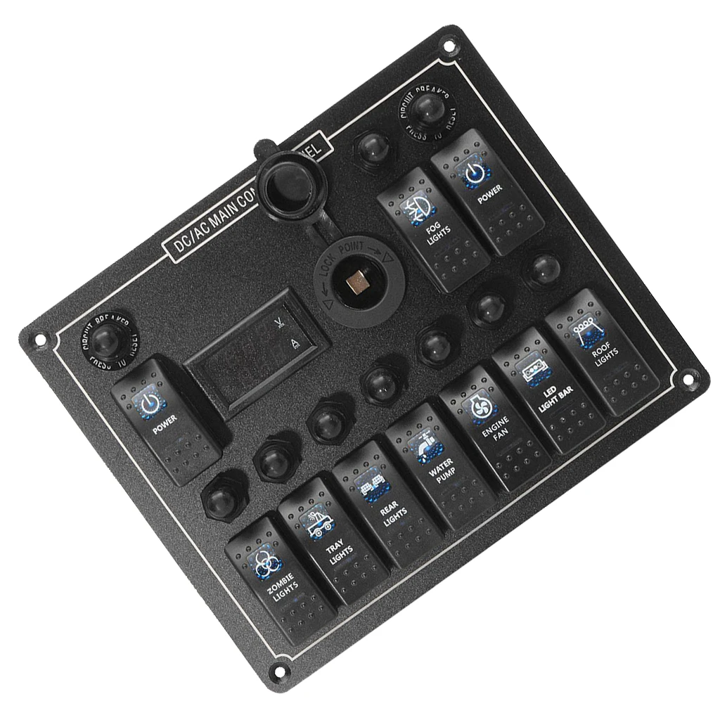 10 Gang Boat Marine Rocker Switch Panel Digital Current Voltage Meter