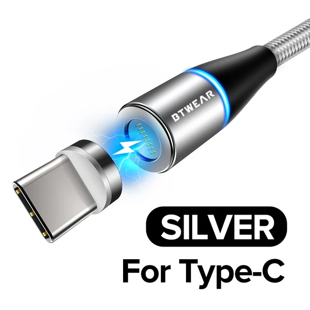 BTwear Магнитный usb-кабель для зарядки 3,3 фута/1 м с разъемами Micro usb type C IOS 3 в 1 зарядный кабель-адаптер для iPhone huawei - Цвет: Type C-Sliver