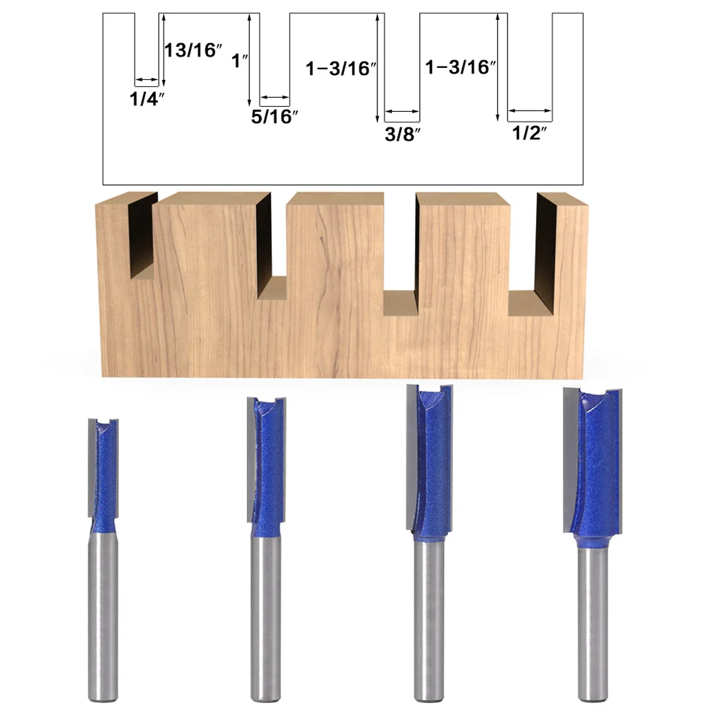 

4PC 8mm Shank Slotted Straight Woodworking Router Bit Wood Cutter Cutting Diameter Carpenter Milling Cutter Woodworking Tool